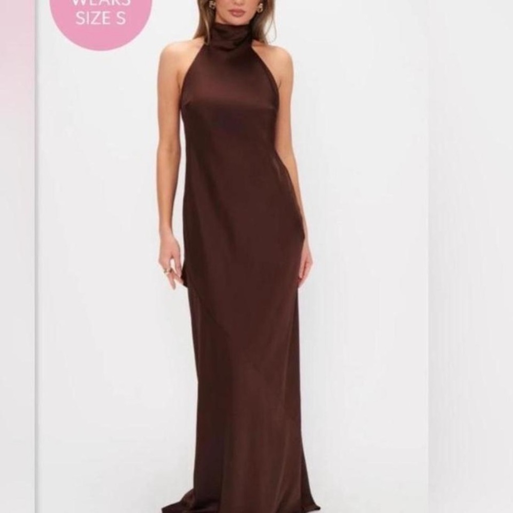 Show Me Your MuMu Chocolate Brown High-Neck Halter Maxi Dress